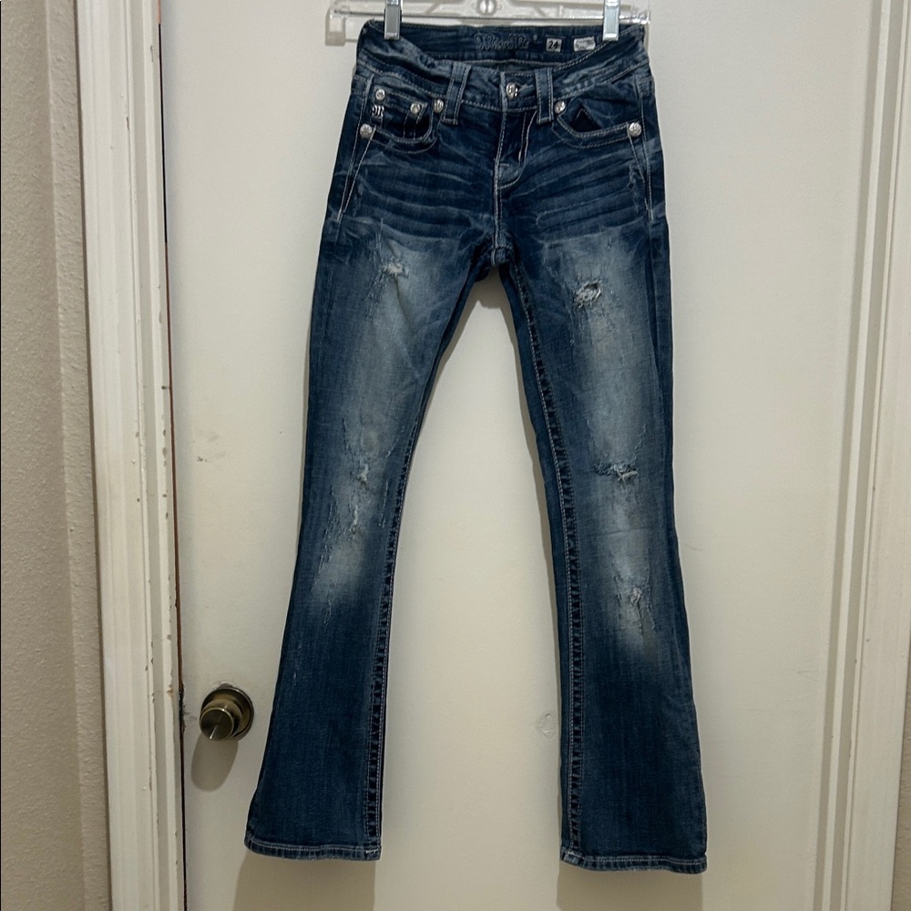 Miss Me Women's Dark Blue Distressed Flare Jeans